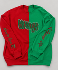 Personalized red and green split-color sweatshirt with double appliqué and sleeve embroidery, photographed on a neutral background